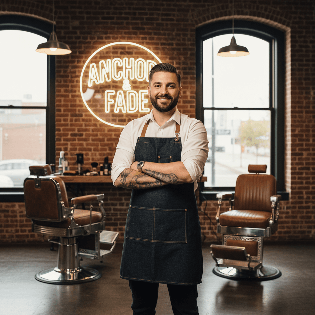 Chris Alvarez, barber at Anchor & Fade, in a vintage-industrial barbershop setting.