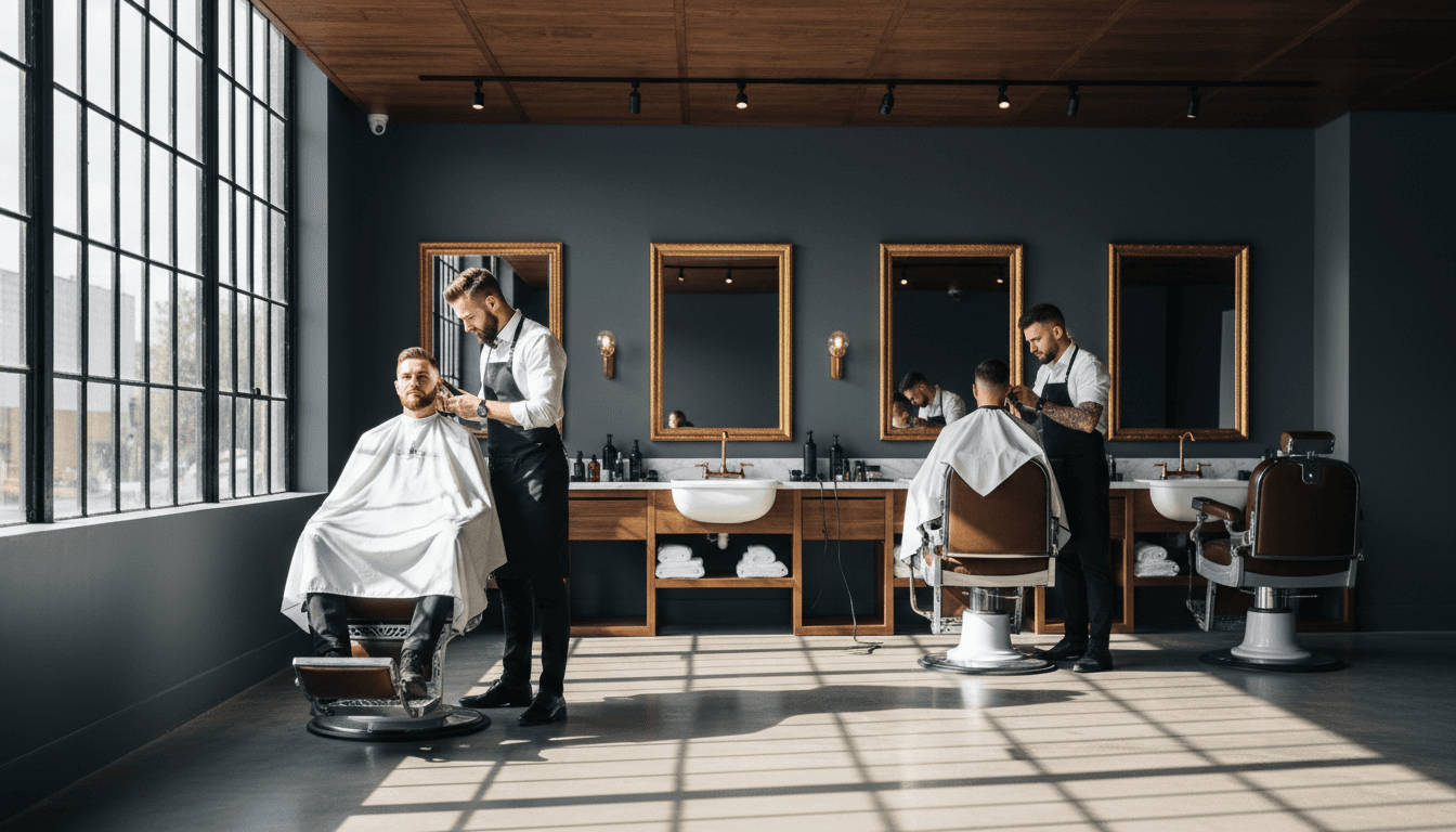 Contemporary barbershop interior with multiple barber stations, leather chairs, and natural light showcasing professional grooming services